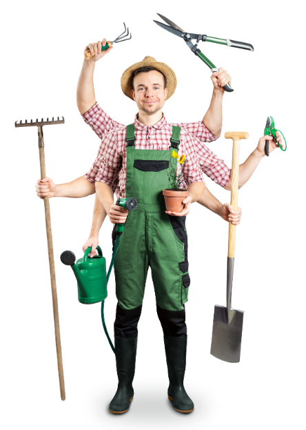 HD Landscaping professional servicing a Houston property with lawn care equipment